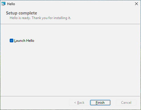 Finished, with "Launch Hello" ticked